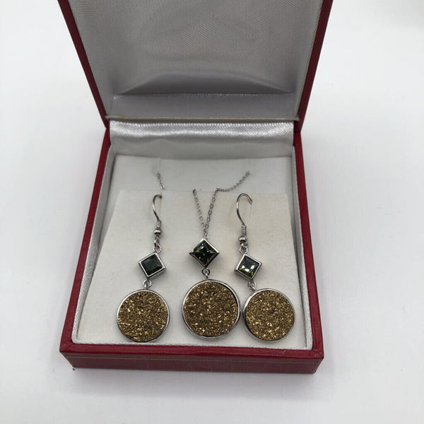 .925 yellow druzy earring & necklace set