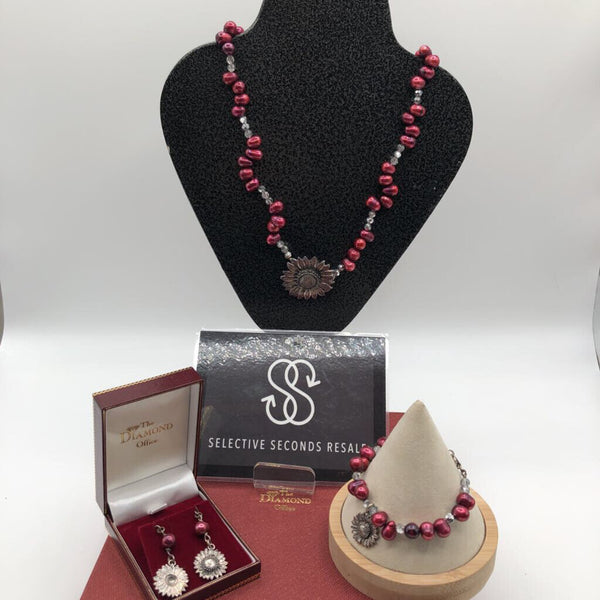 .925 3 pc silver sunflower set w/red pearl
