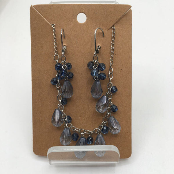 12" silvertone blue beaded faceted necklace/earring