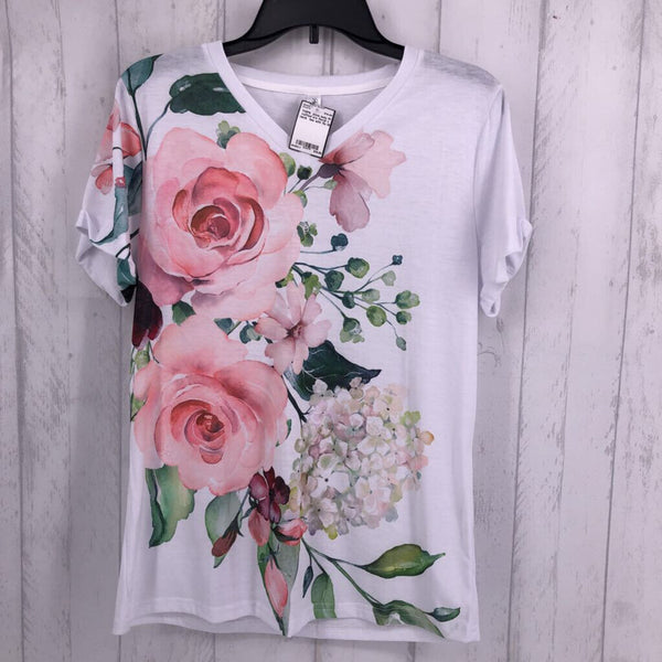 M cuffed s/s floral v neck tee