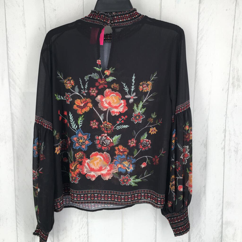 L smocked l/s flower print top