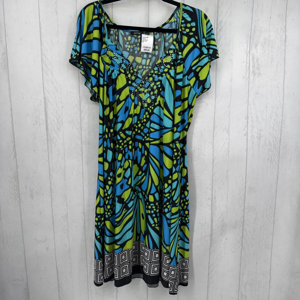 2X Printed embelished v-neck dress s/s