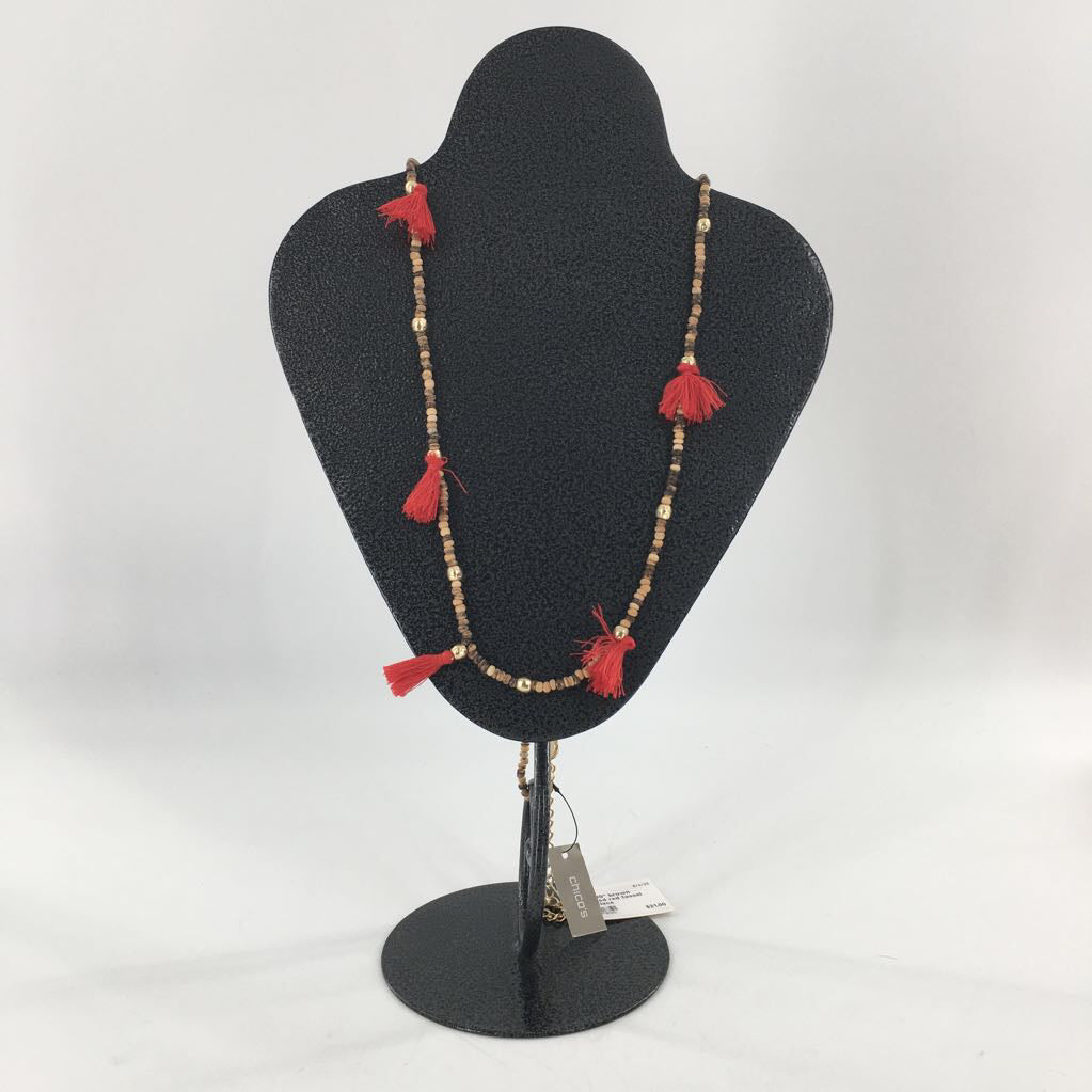R45 20" brown beaded red tassel necklace