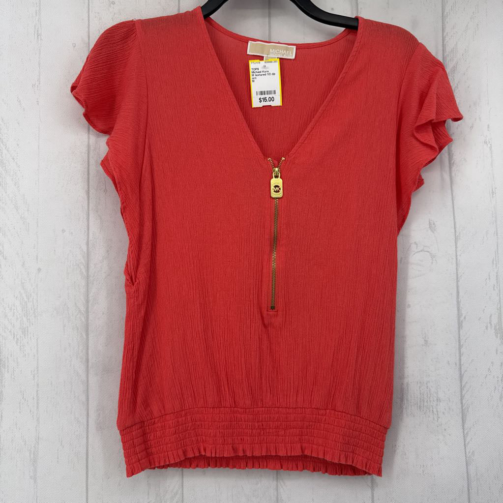 M textured 1/2 zip smocked s/s top