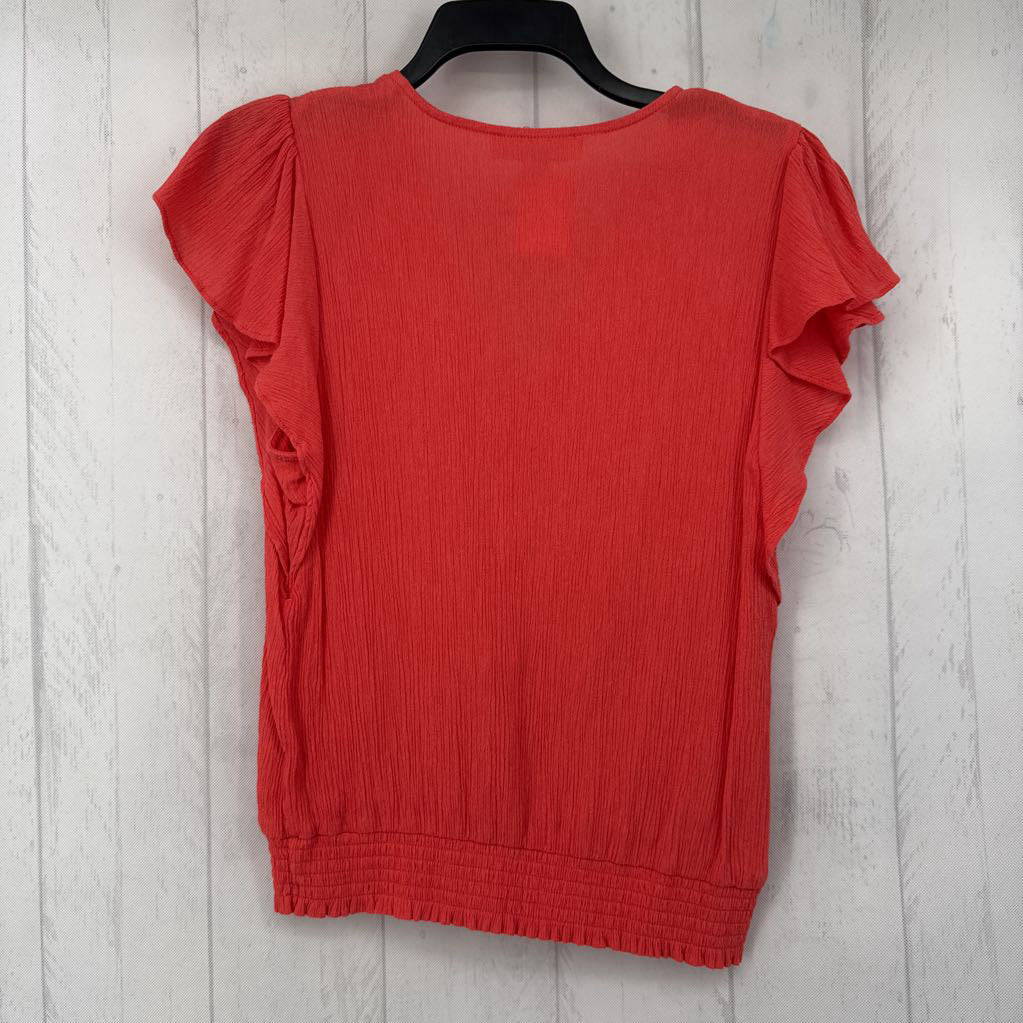 M textured 1/2 zip smocked s/s top