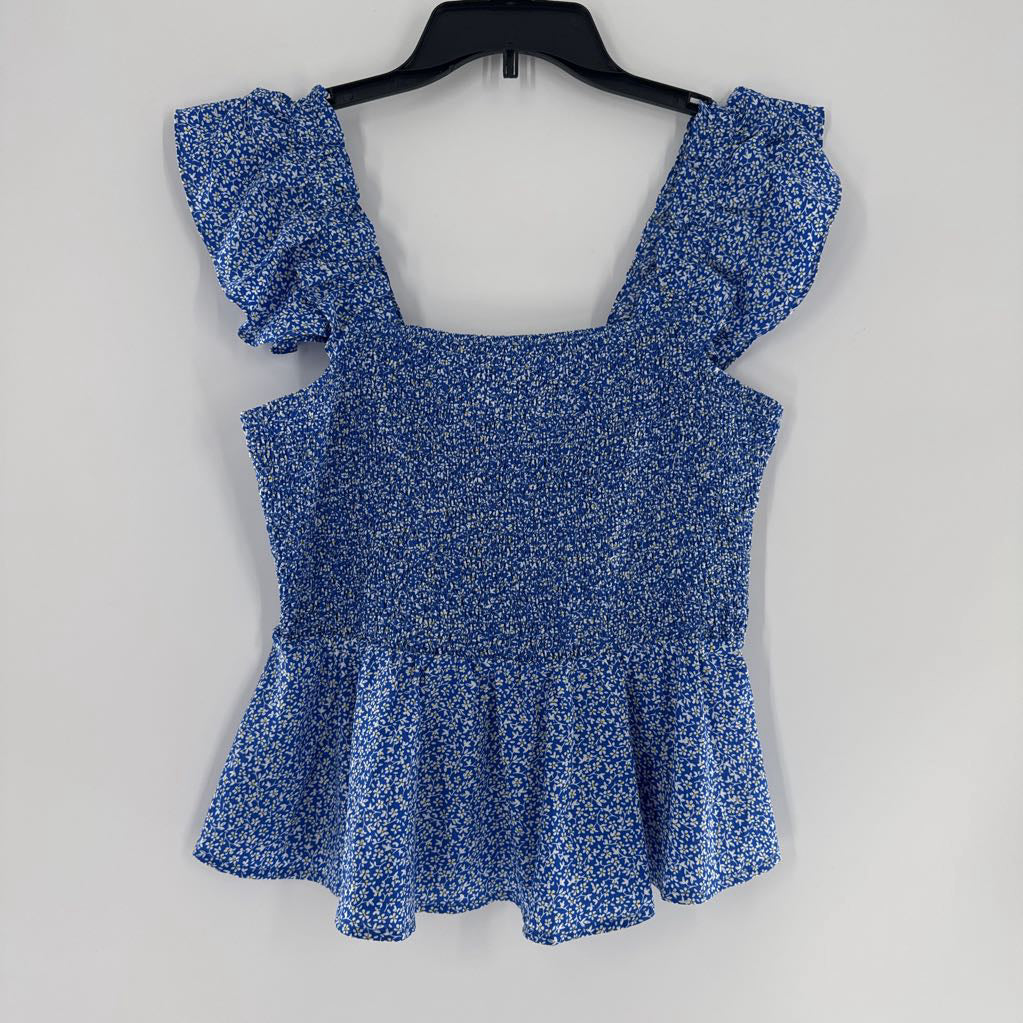 L flo print smocked ruffled slv top