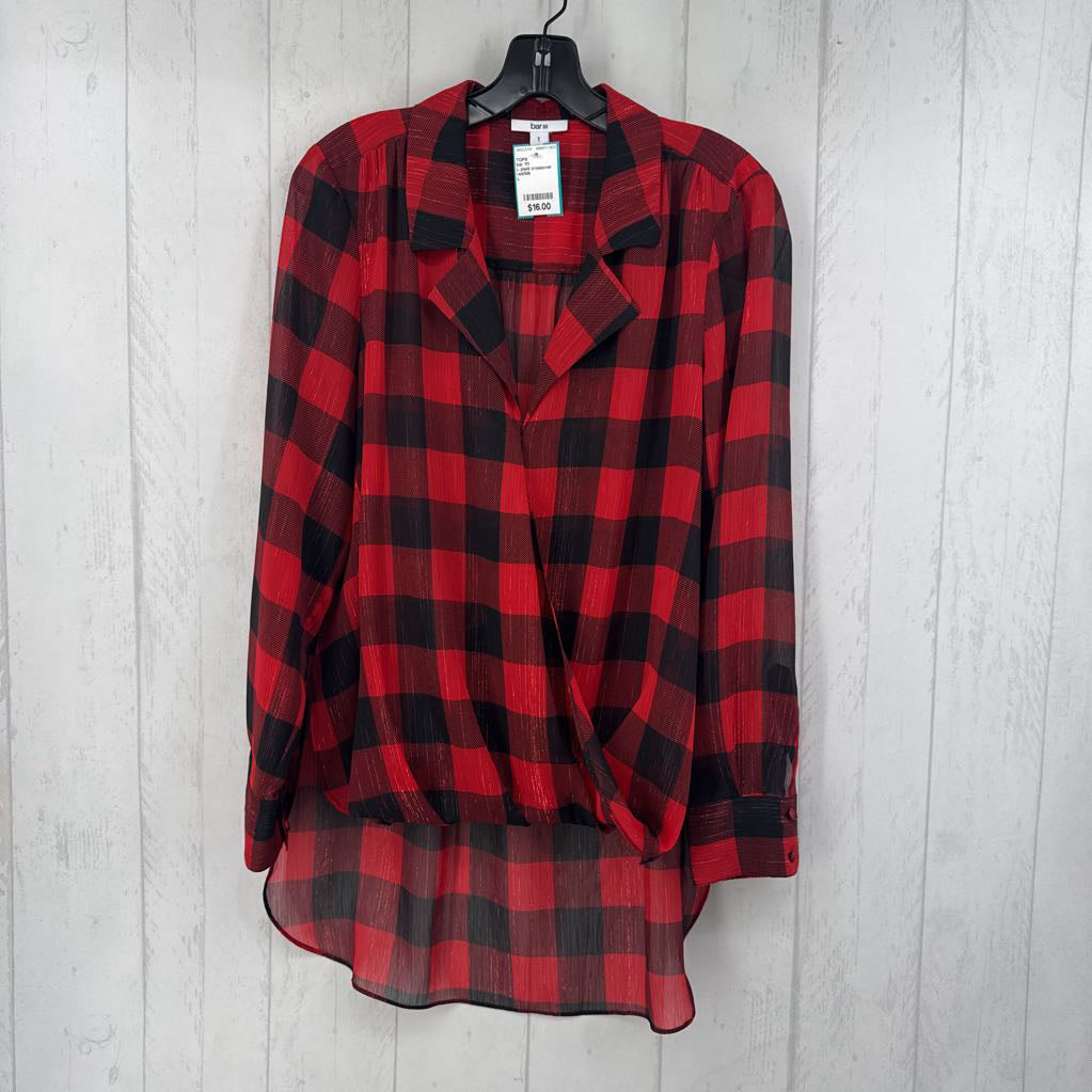 L plaid crossover hi-lo l/s top