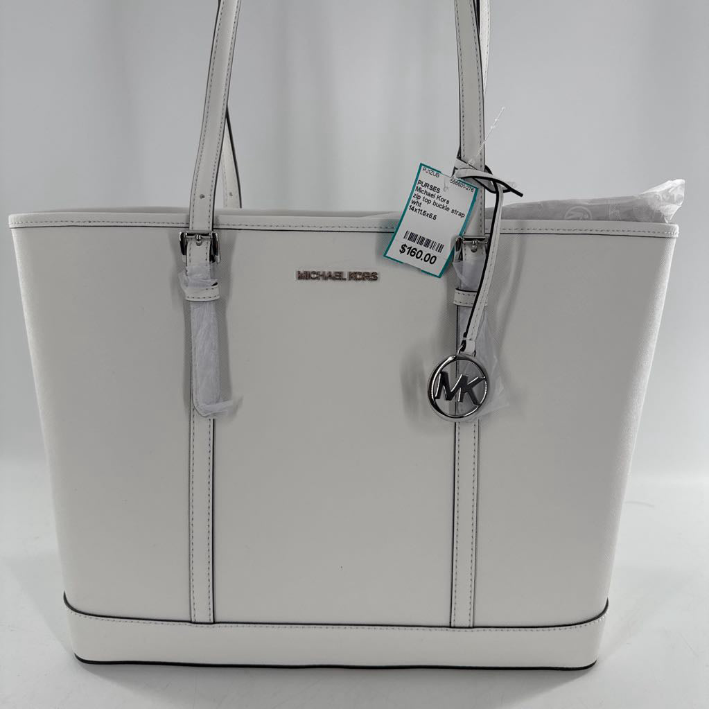 zip top buckle strap tote