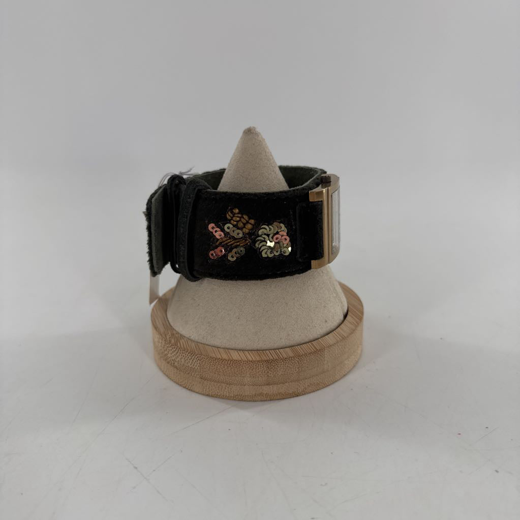 leather embelished band square face watch w/tin