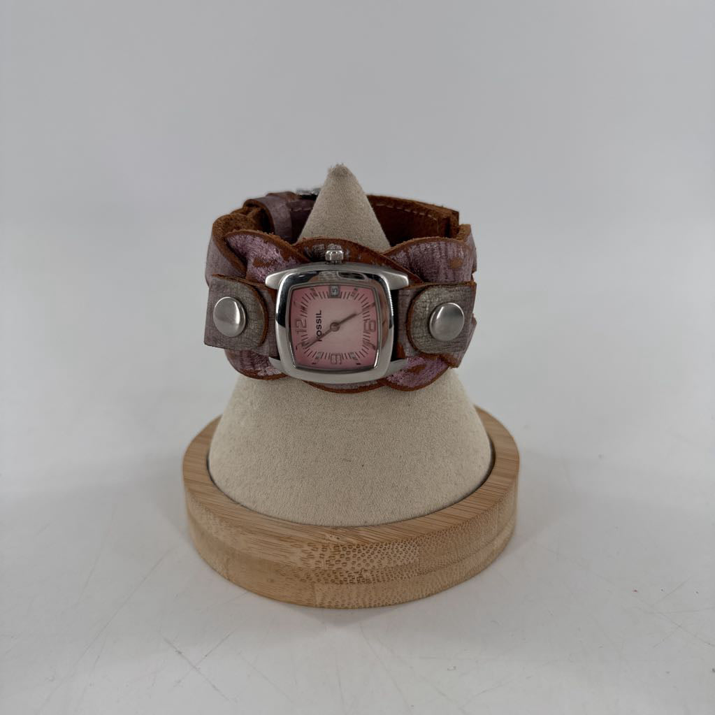 woven leather band square face watch w/tin