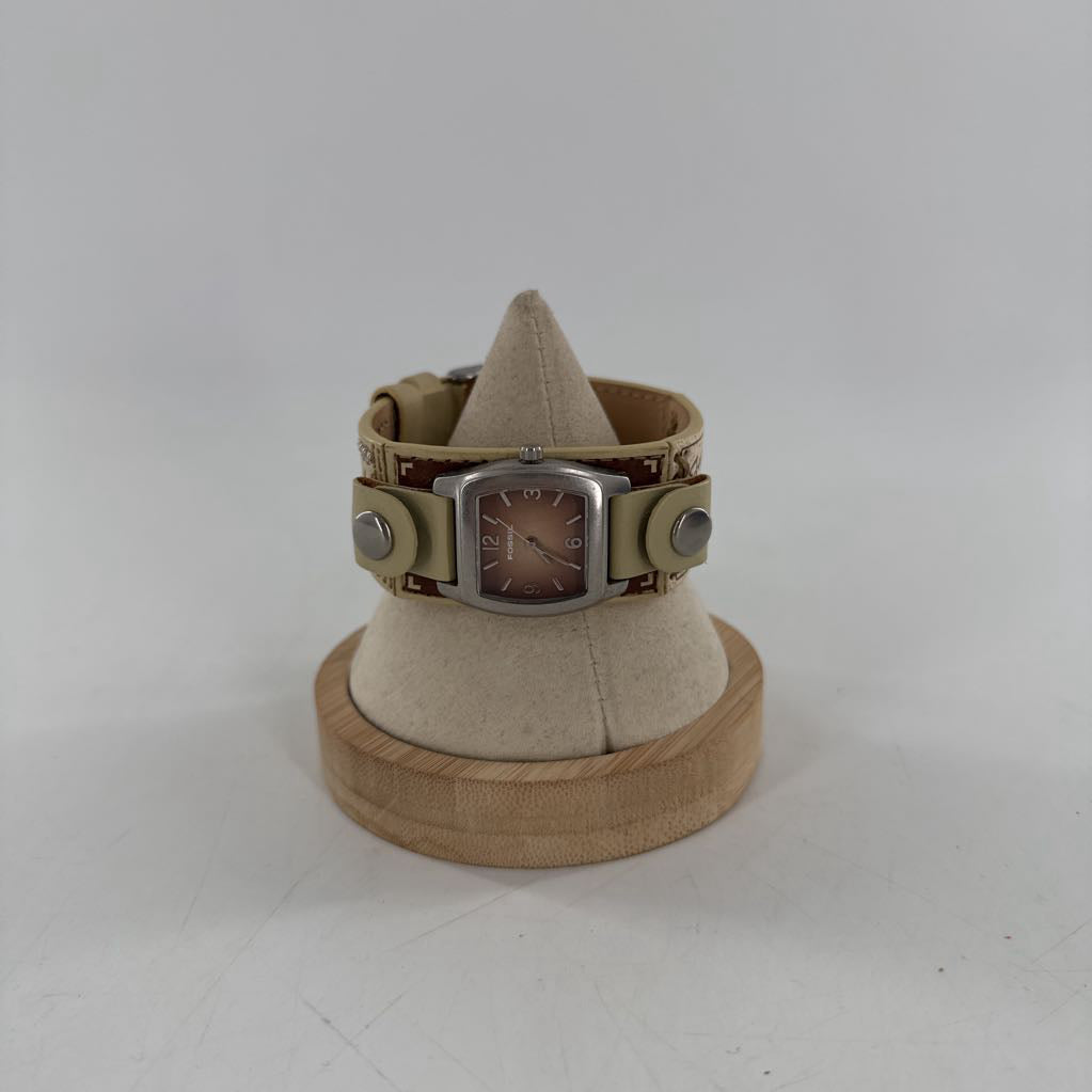 leather stamped band square face watch w/tin