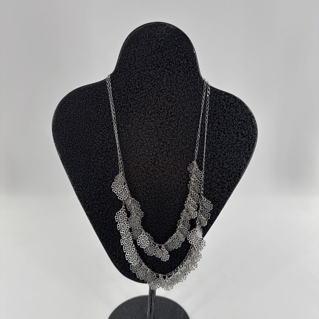 11" double strand silver flower necklace