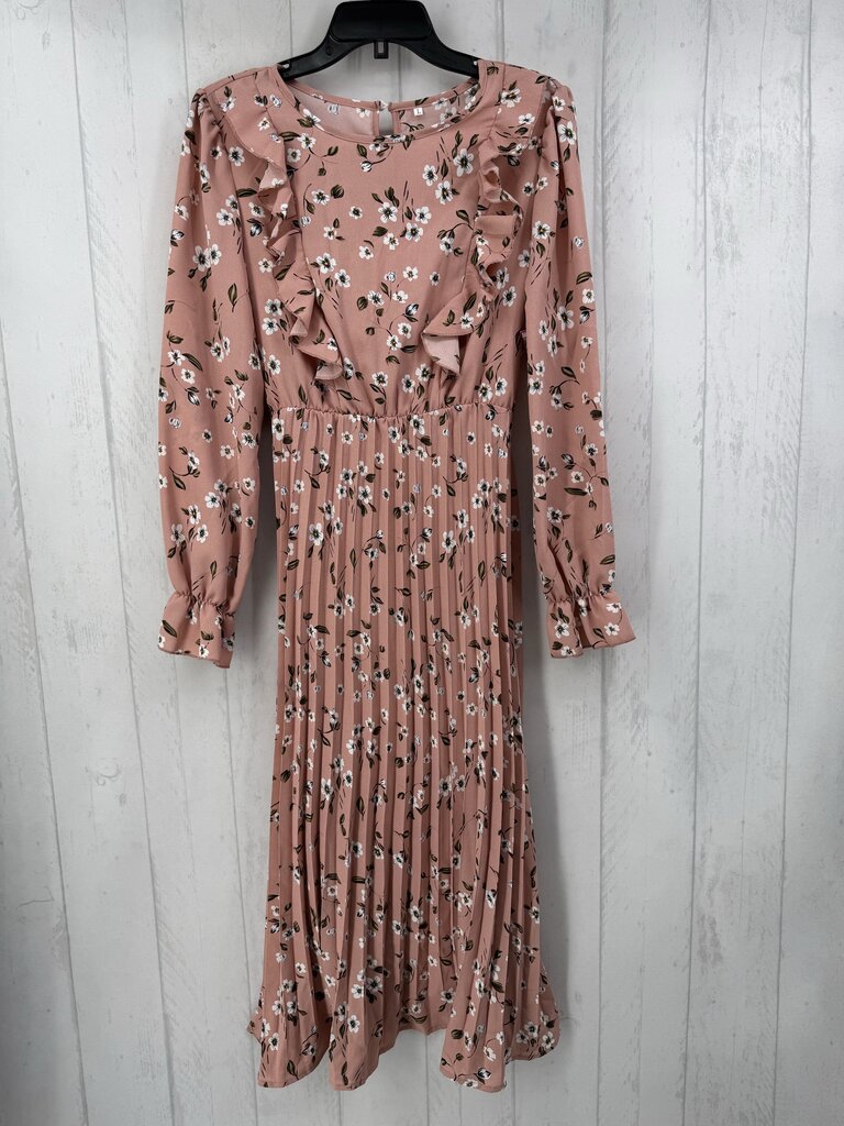 L l/s floral pleated ruffle maxi dress