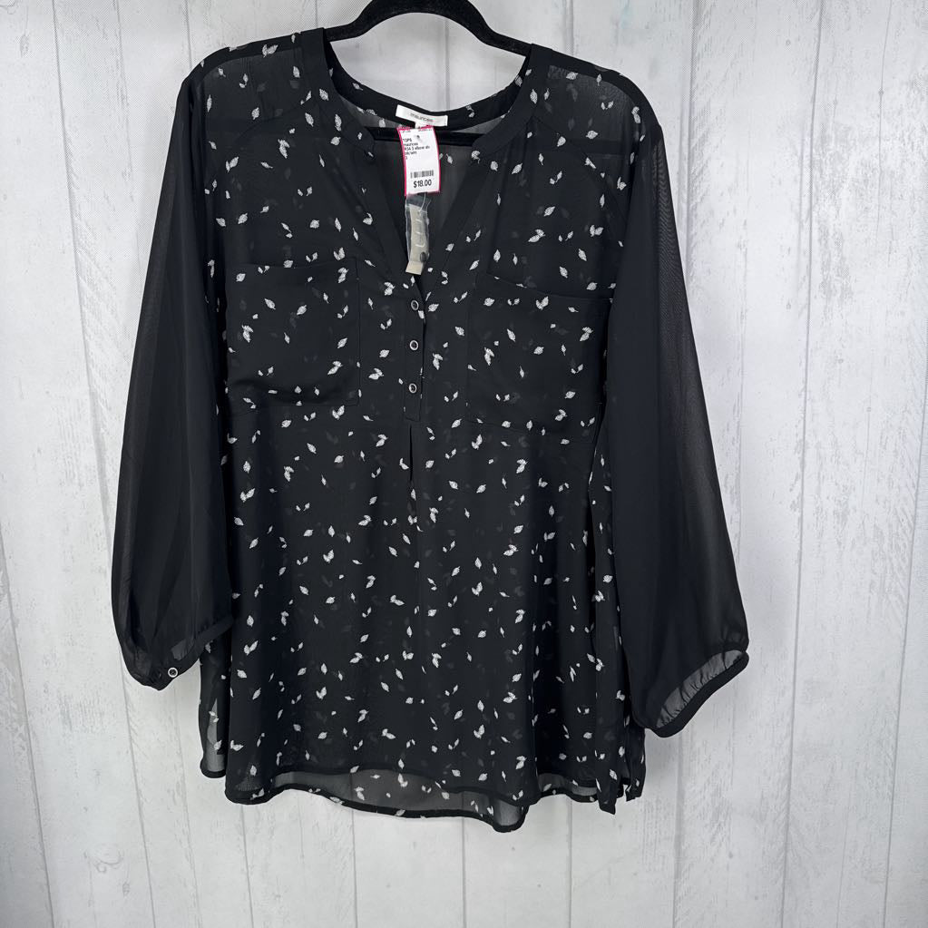 R34 3 elbow slv sheer print half button top