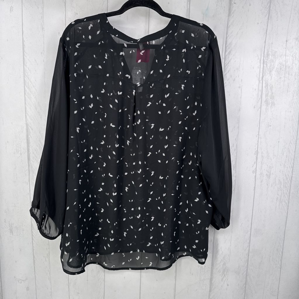 R34 3 elbow slv sheer print half button top