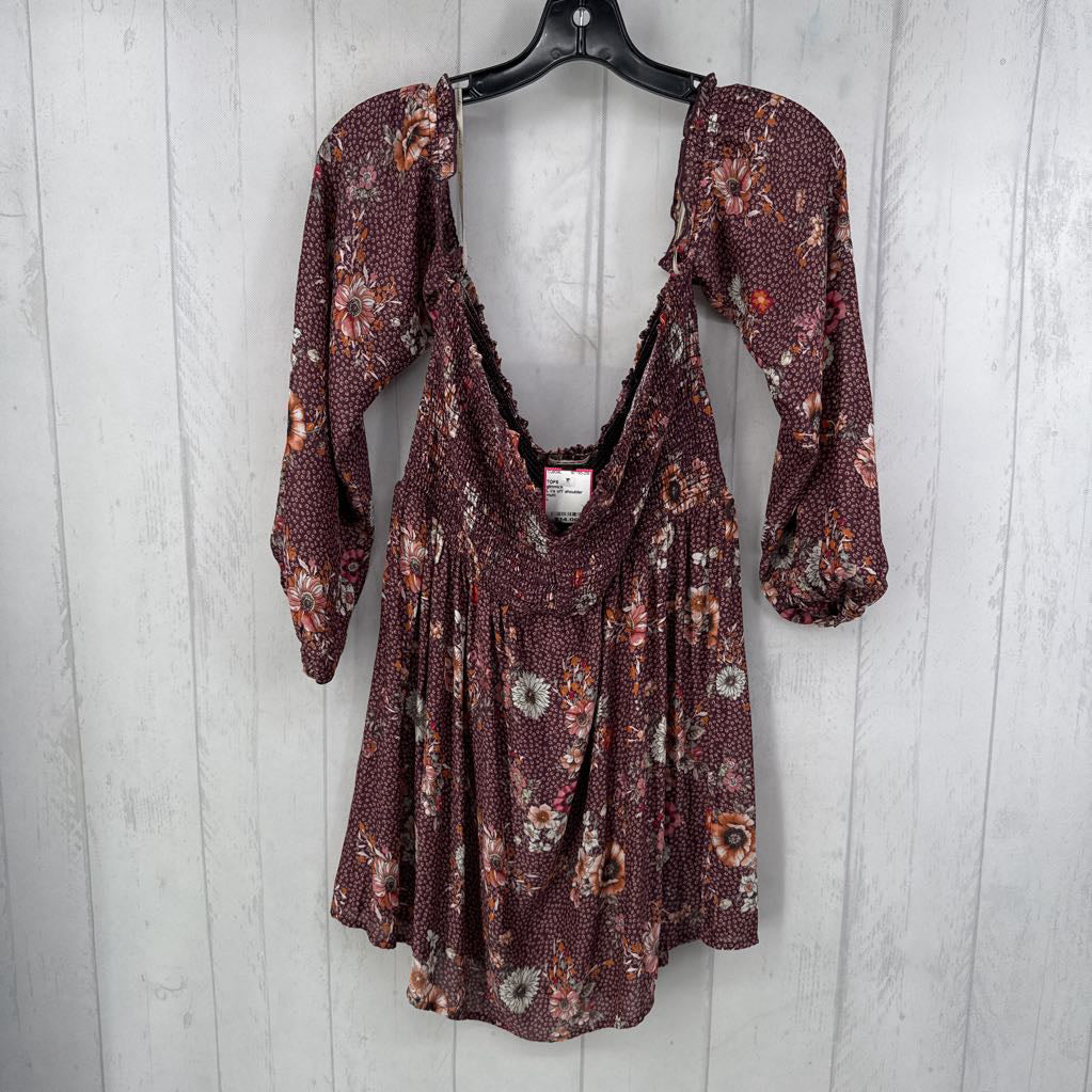 L l/s off shoulder flower print smocked top