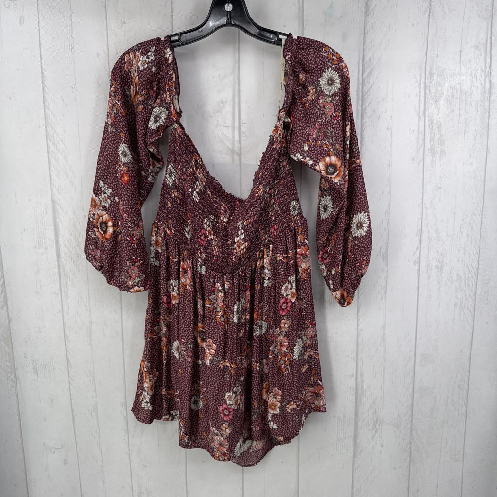 L l/s off shoulder flower print smocked top