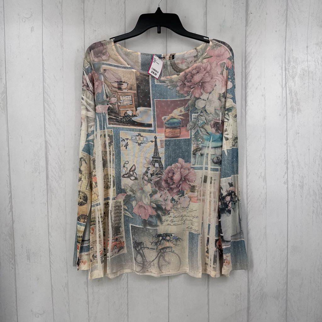 L paris theme embelished sheer l/s top