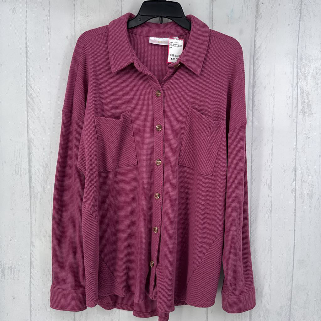 L waffle knit button down l/s top