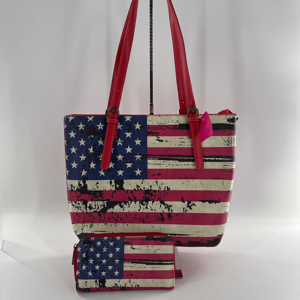 2pc american flag tote w/ zip around wallet