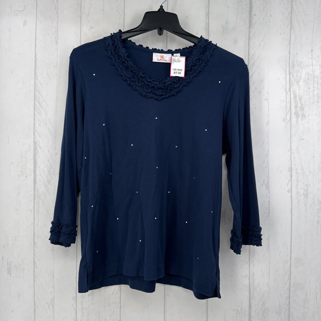 L ruffled trim embelished 3/4 slv top