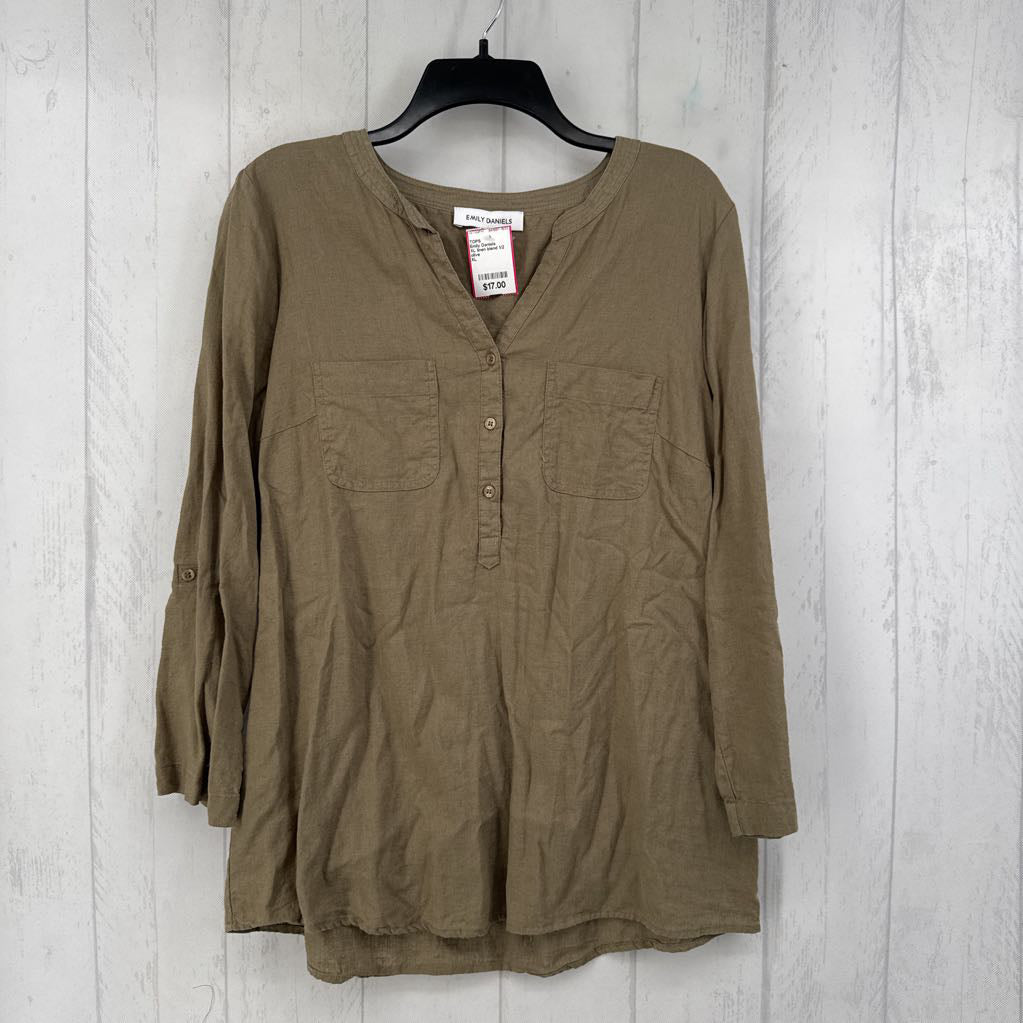 XL linen blend 1/2 button down 3/4 slv top