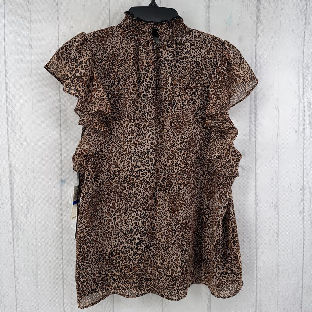 R59 XL notch neck ruffled animal print top