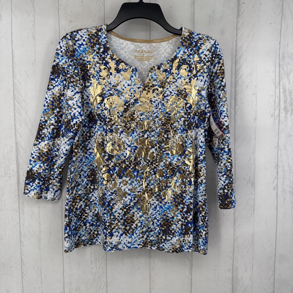 S printed notch neck 3/4 slv top