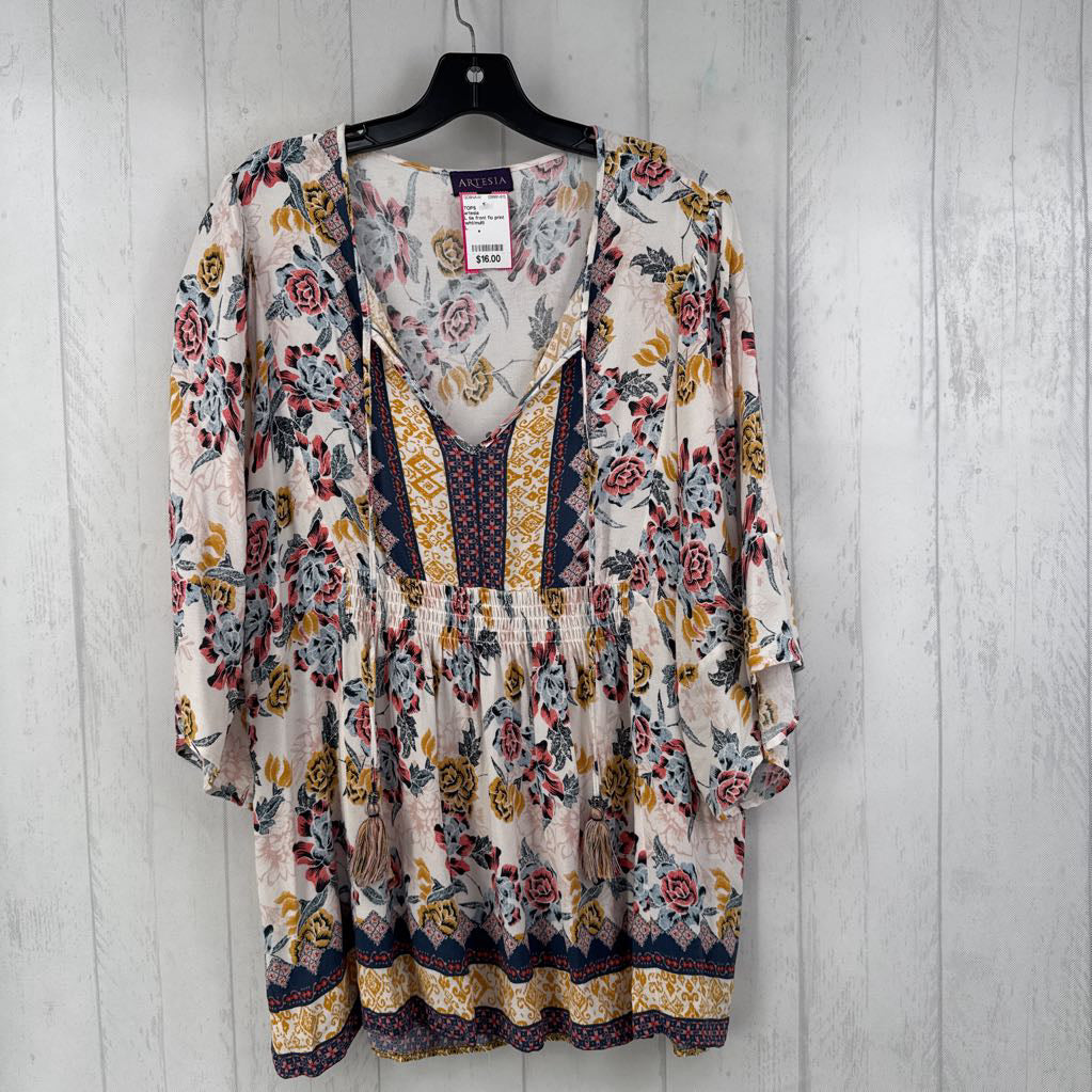 L tie front flo print dolman slv top