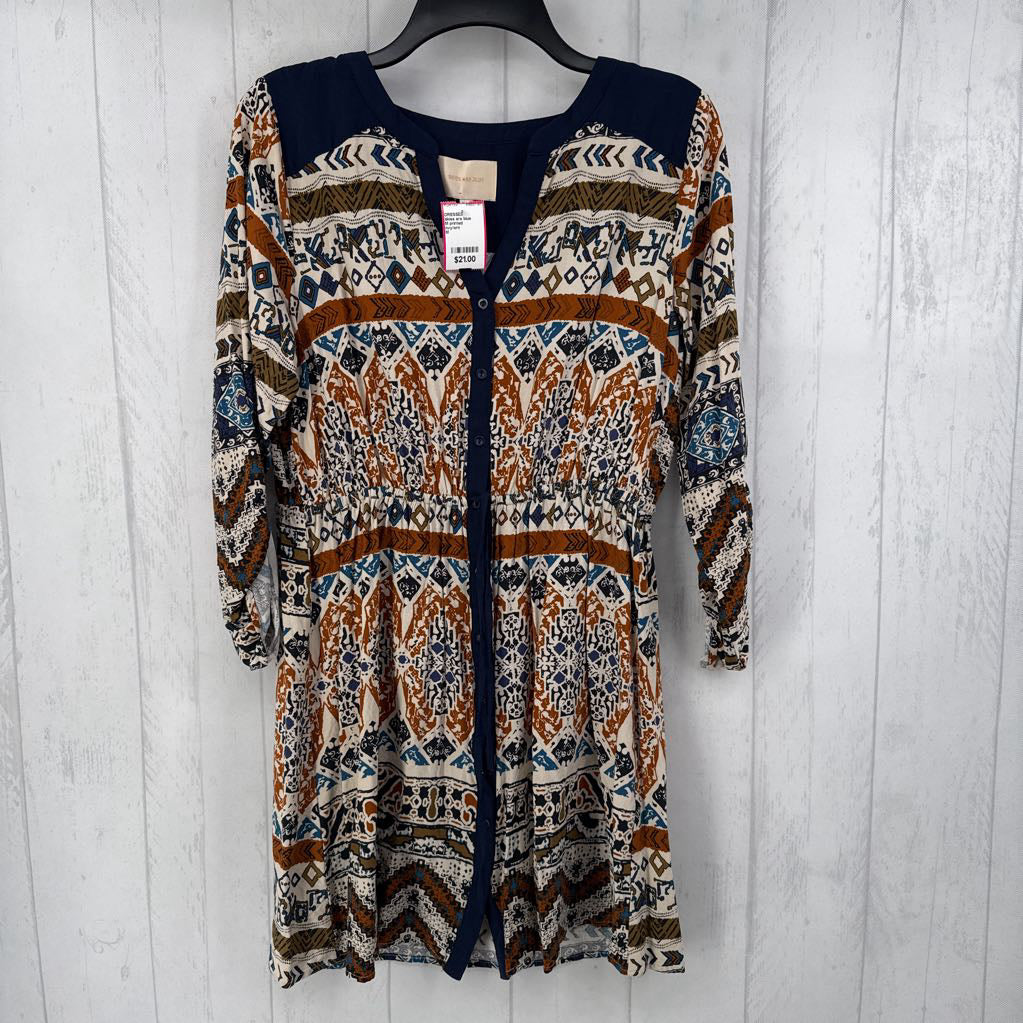 M printed drawstring waist tab slv dress