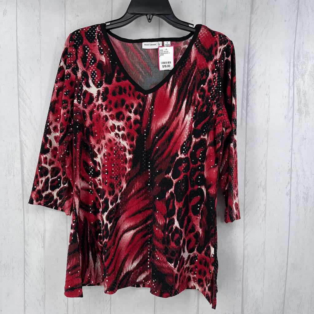 S animal print v-neck 3/4 slv top