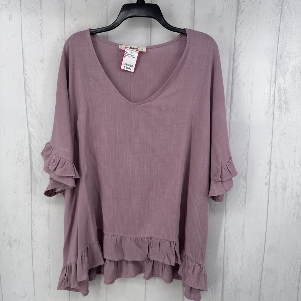 XL v-neck ruffled droped shoulder slv top