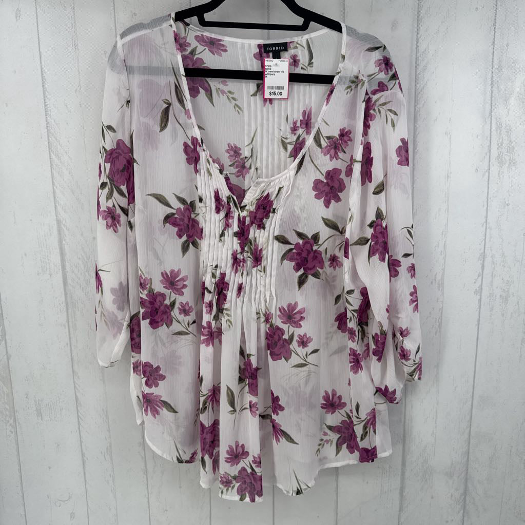 1X semi-sheer flo print 3/4 slv top