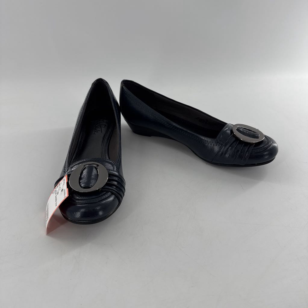 9 silver buckle low wedge heel slip-ons