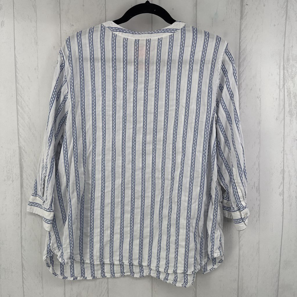 2x 3/4 slv stripe half button top