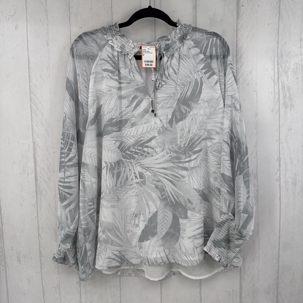 XL leaf print tie-front l/s top