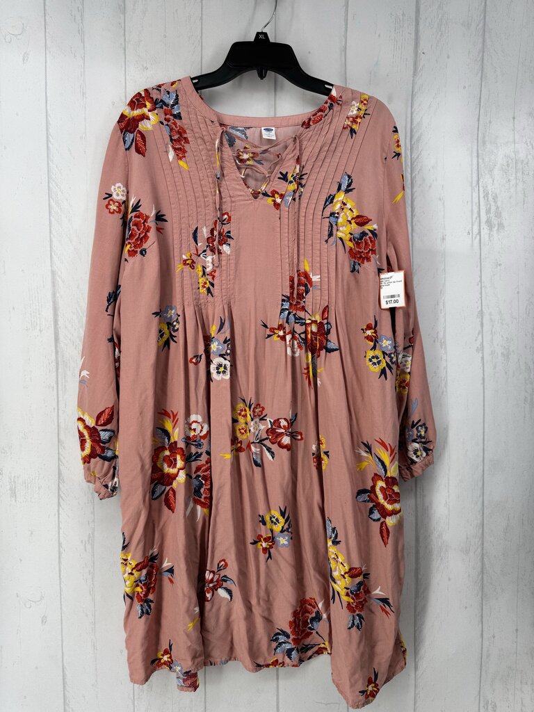 1X flo print tie front l/s dress