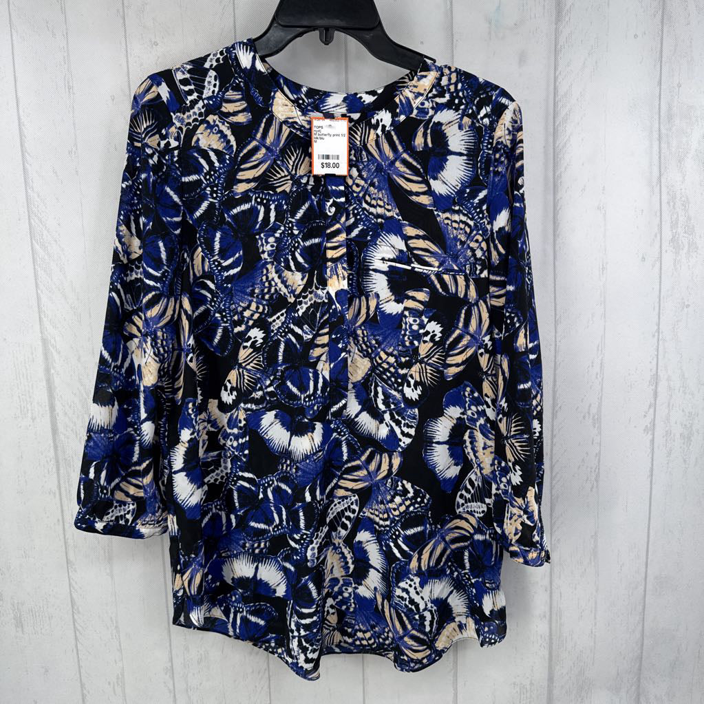 M butterfly print 1/2 button down 3/4 slv top