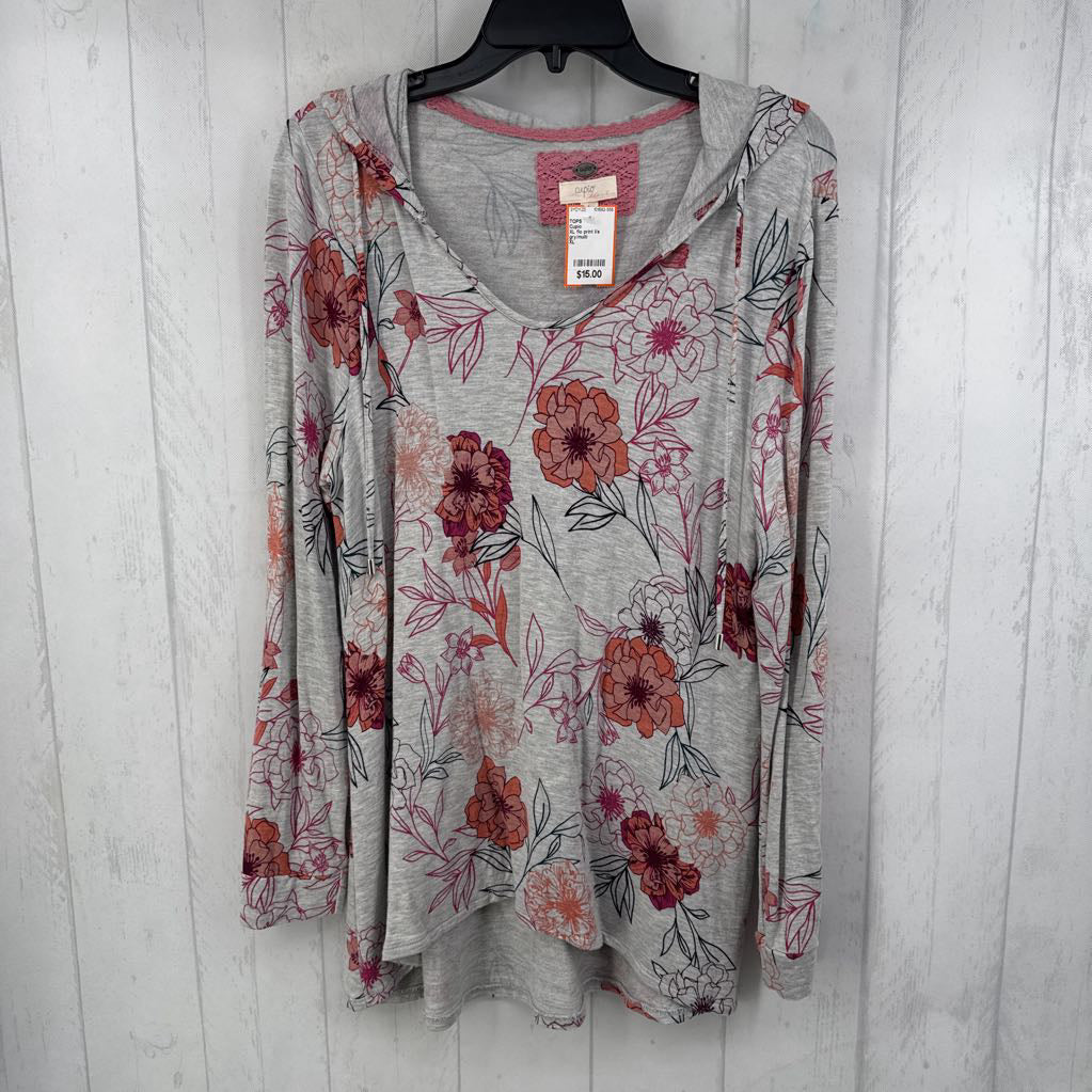 XL flo print l/s pullover w/ hood