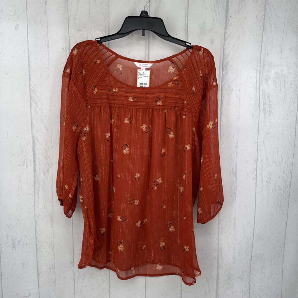 XL semi-sheer flo print 3/4 slv top