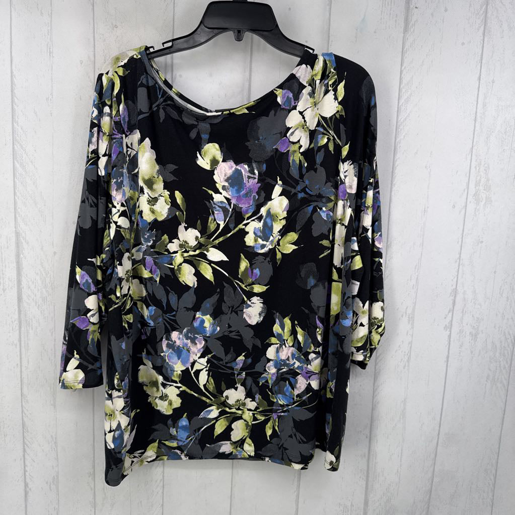 XL scoop neck flo print 3/4 slv top