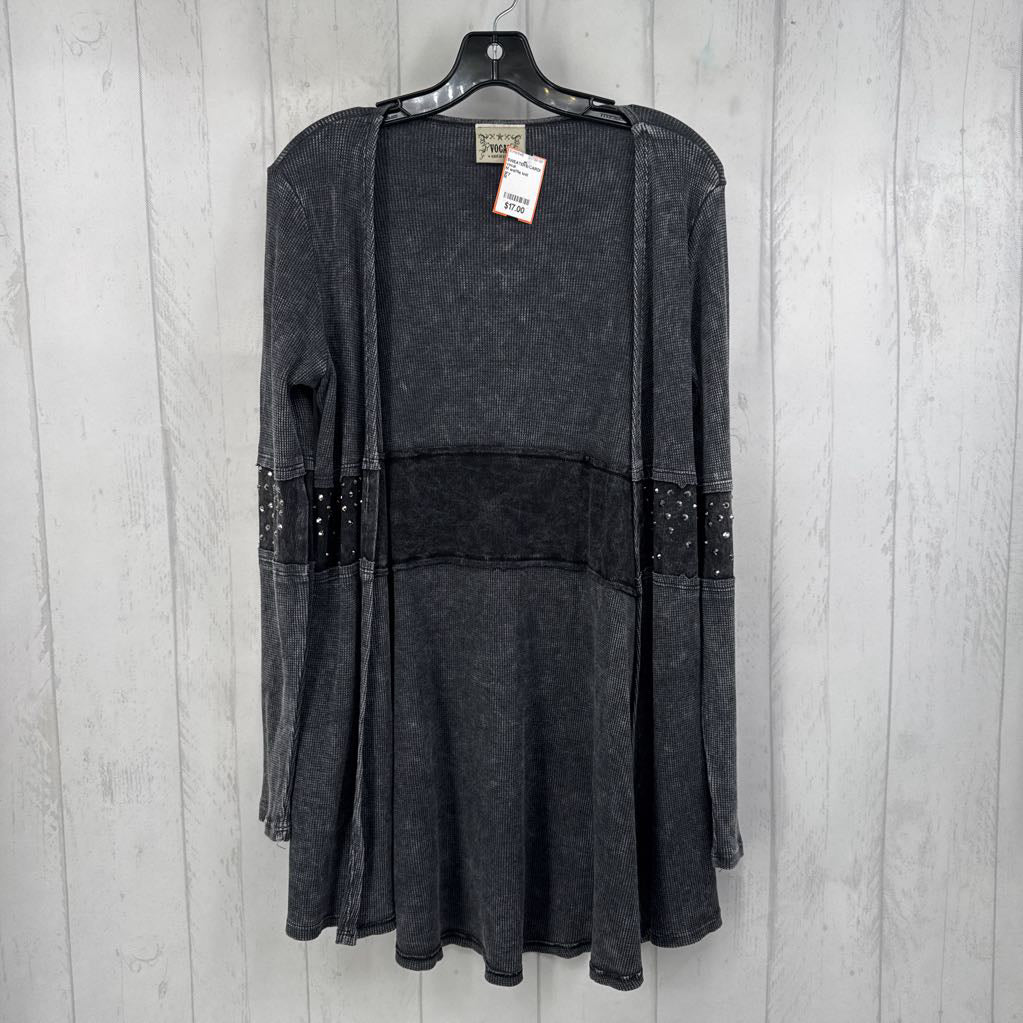 M waffle knit embelished open front cardi