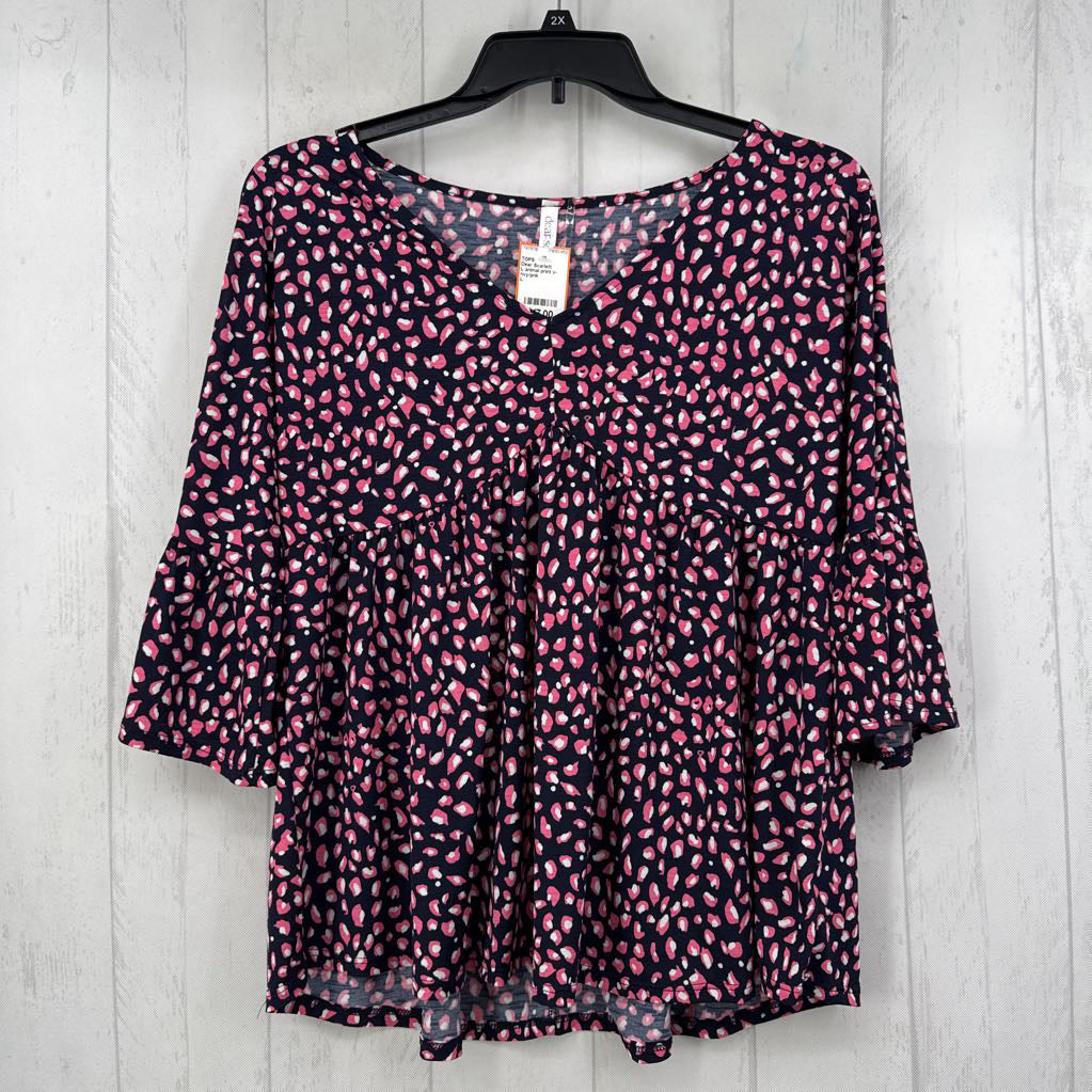 L animal print v-neck 3/4 slv top