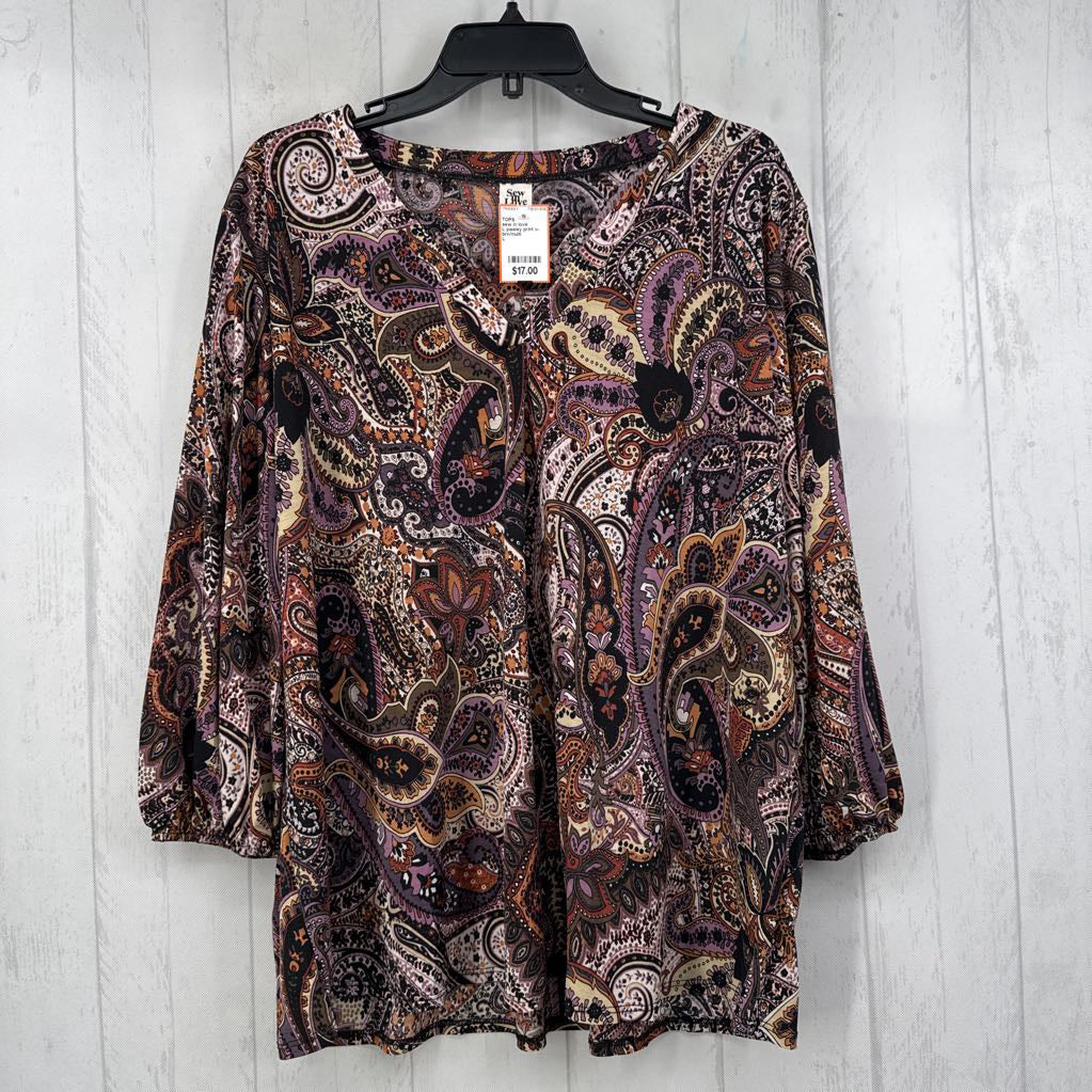 L paisley print v-neck 3/4 slv top