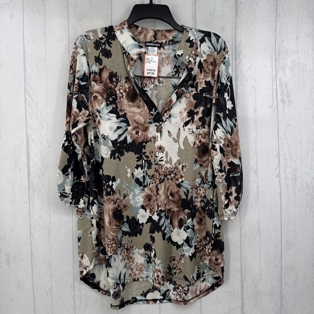 L flo print v-neck tab slv top