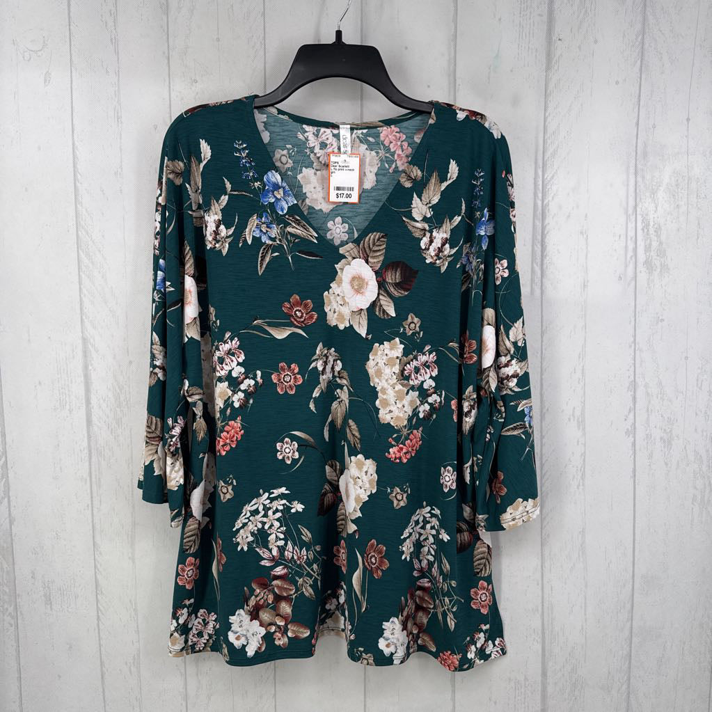 L flo print v-neck 3/4 slv top