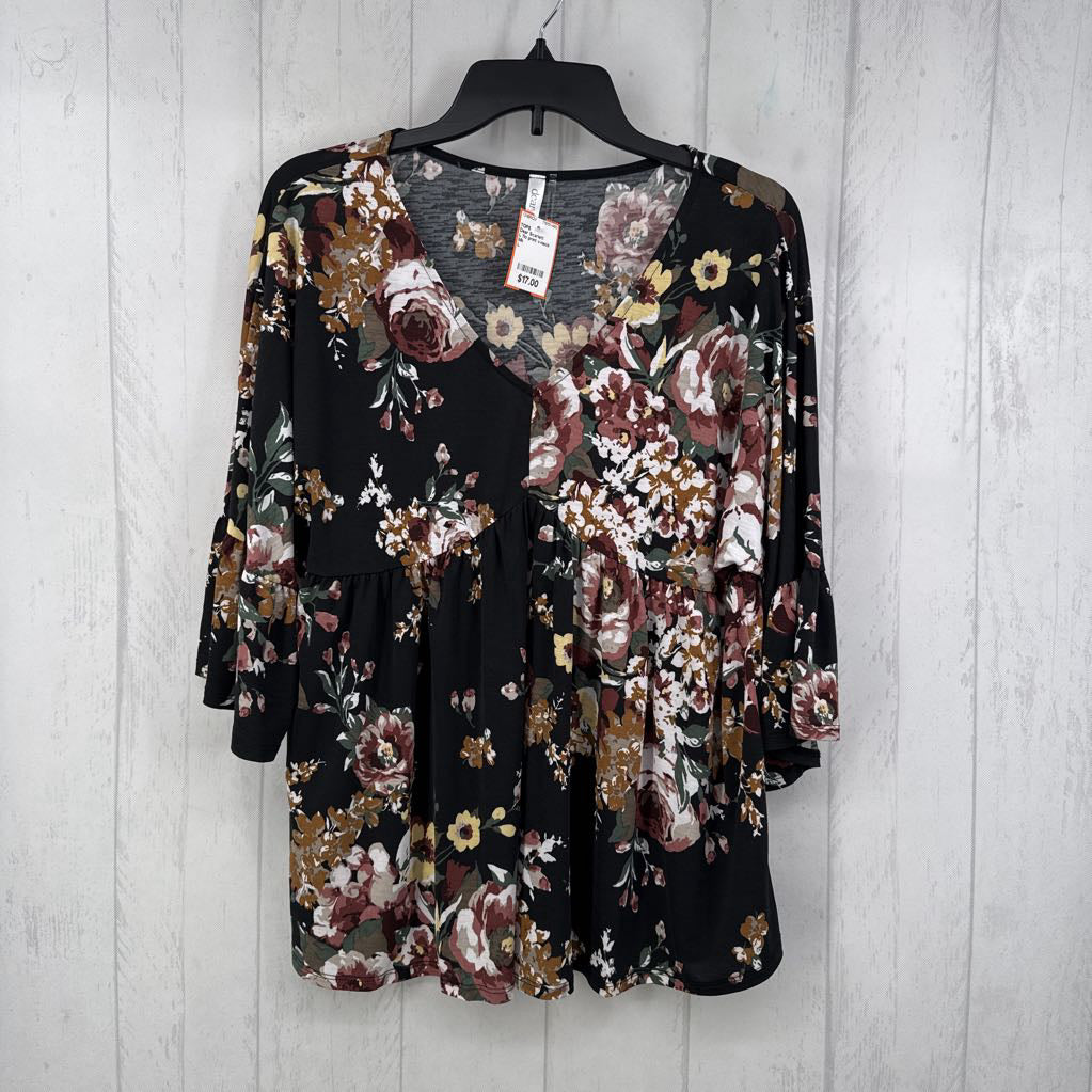 L flo print v-neck 3/4 slv top