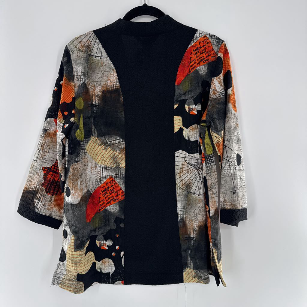 M mixed print button down 3/4 slv top