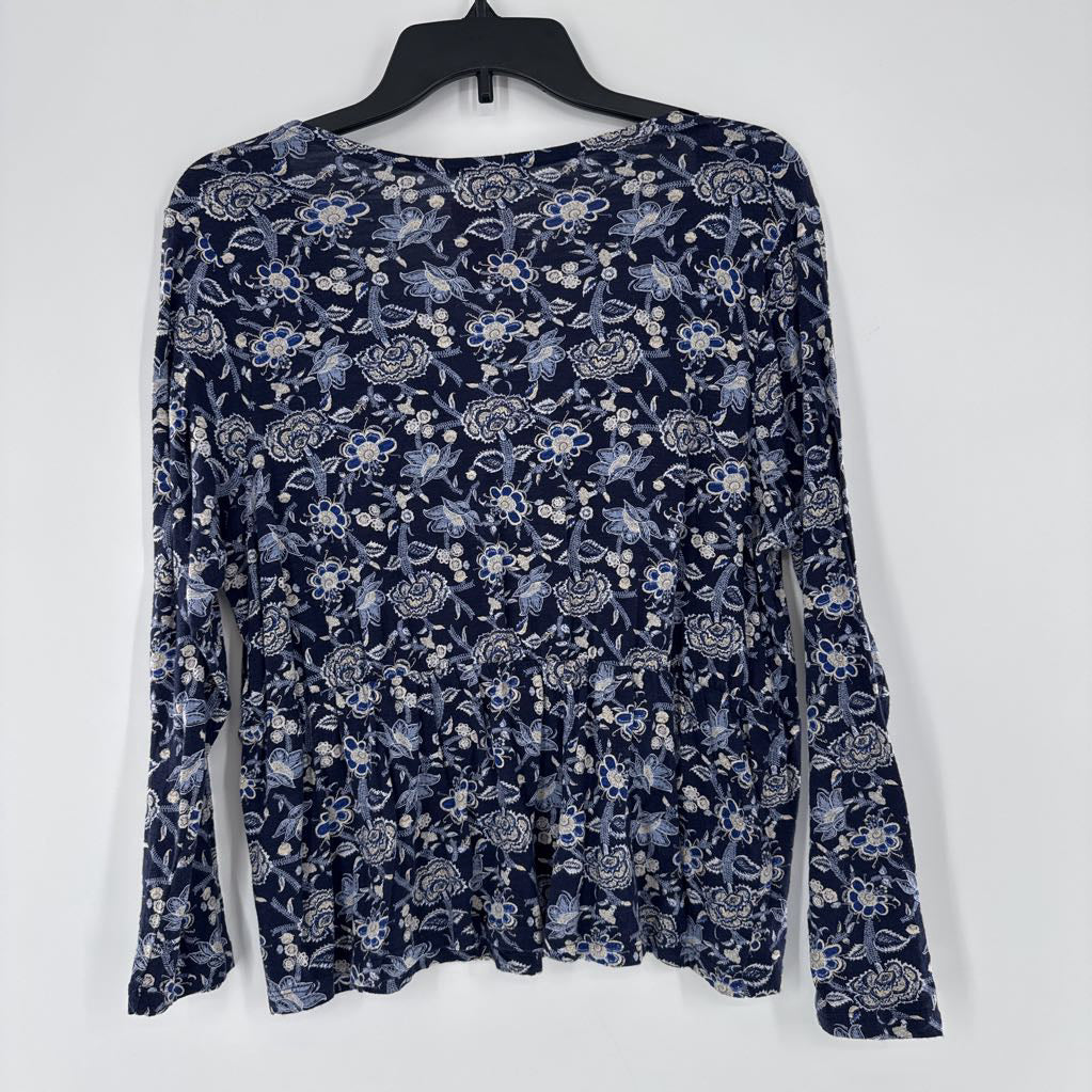 M flo print v-neck l/s peplum top