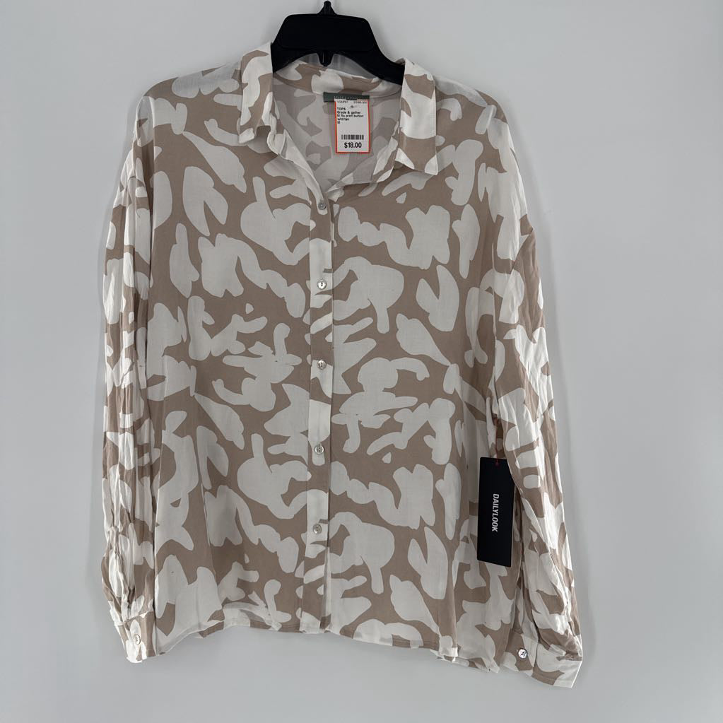 M flo print button down l/s top